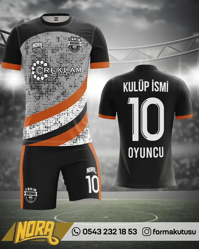 FK-002 siyah, beyaz ve turuncu özel futbol forma modeli